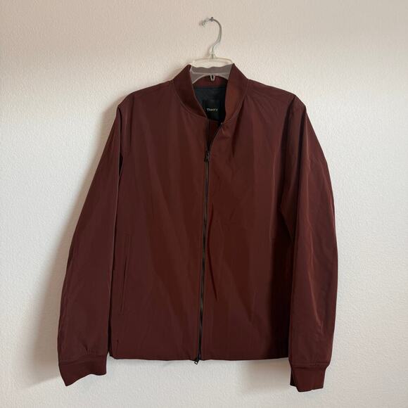 Theory Red Burgundy Brown Bomber Jacket Coat Size M Quiet Luxury $395 City Shell